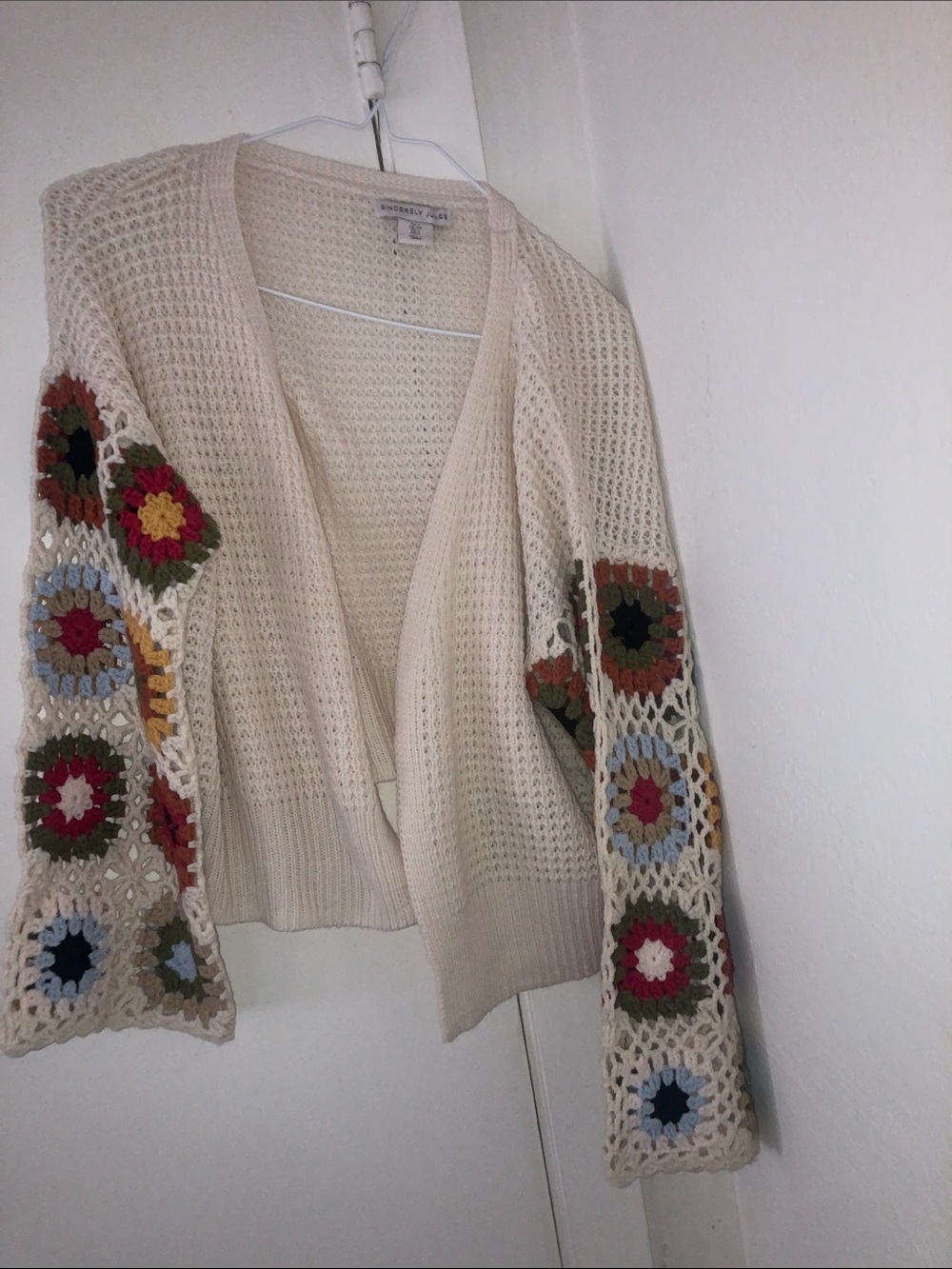 Sincerely Jules Cream Open Knit Cardigan with Multicolor Crochet Sleeves